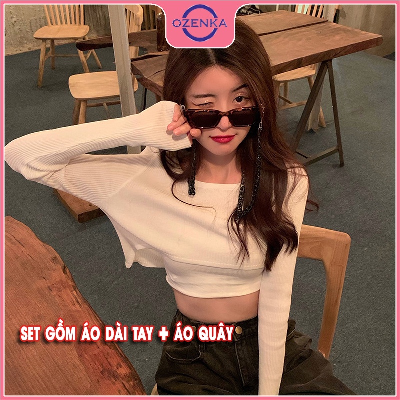 Áo thun croptop tay dài mỏng mặc hè OZENKA ,crt kiểu hàn quốc rộng khoét gấu gợi cảm mặc đi chơi đi học đen trắng
