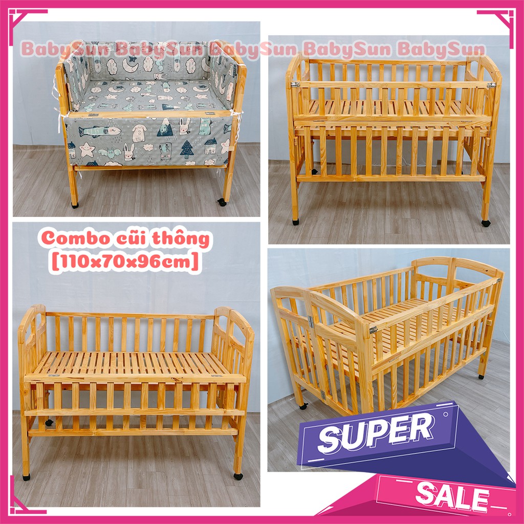 Cũi Trẻ Em BabySun Cũi Gỗ Thông Cho Bé Màu Tự Nhên  Kích Thước 110x70x96cm Chống Cong Vênh Mối Mọt Bảo Hành 12 Tháng