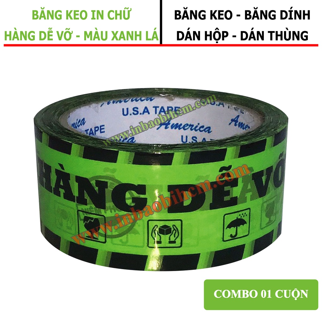 Băng keo HÀNG DỄ VỠ siêu dính màu XANH LÁ, Dày 50 Mic, Bản 4F8, Băng keo dán thùng, dán hộp giá rẽ, InbaobiHCM