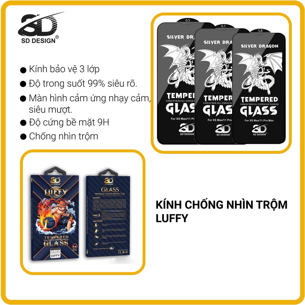 Kính Cường Lực Chống Nhìn Trộm iPhone SD DESIGN Luffy 6/6splus/7/7plus/8/8plus/x/xr/xs max/11 pro/11 promax/12/12 promax