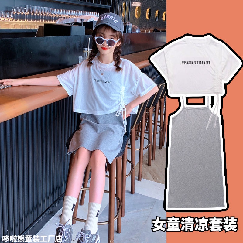 Bộ Áo Thun Ngắn Tay + Đầm Hai Dây Phong Cách Mới 2022 Dành Cho Bé Gái