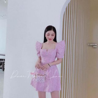 Đầm gấm cổ vuông tay phồng!