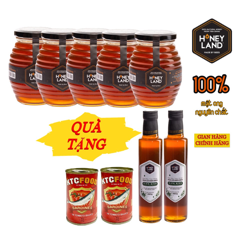 Combo 5 chai mật ong rừng Tây Nguyên 500g + 2 chai điện biên + 2 hộp cá mòi HONEYLAND