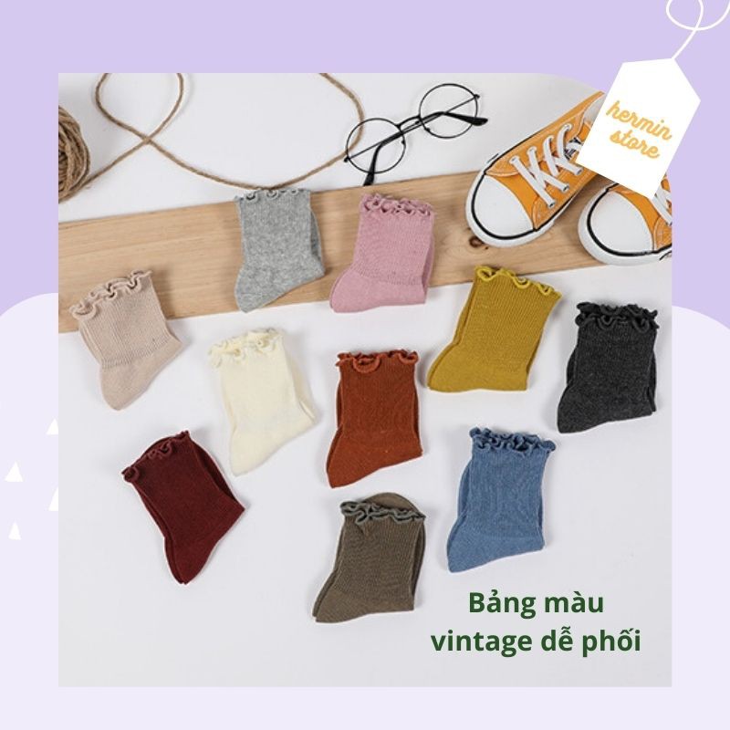 Tất bé gái ngắn cổ bèo nhún nhiều màu - vớ cho bé gái vintage 100% len cotton siêu mịn