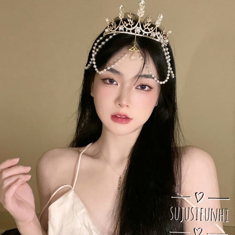 vương miện kèm chuỗi ngọc đính giọt nước trang trí trán lolita, cài tóc cô dâu, cosplay hóa trang