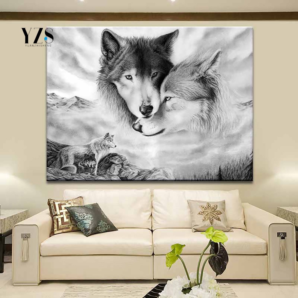 Tranh treo tường họa tiết hình con chó sói trắng đen
