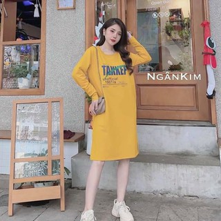 Váy suông nữ dài tay in chữ Tekkep xẻ tà xinh xắn