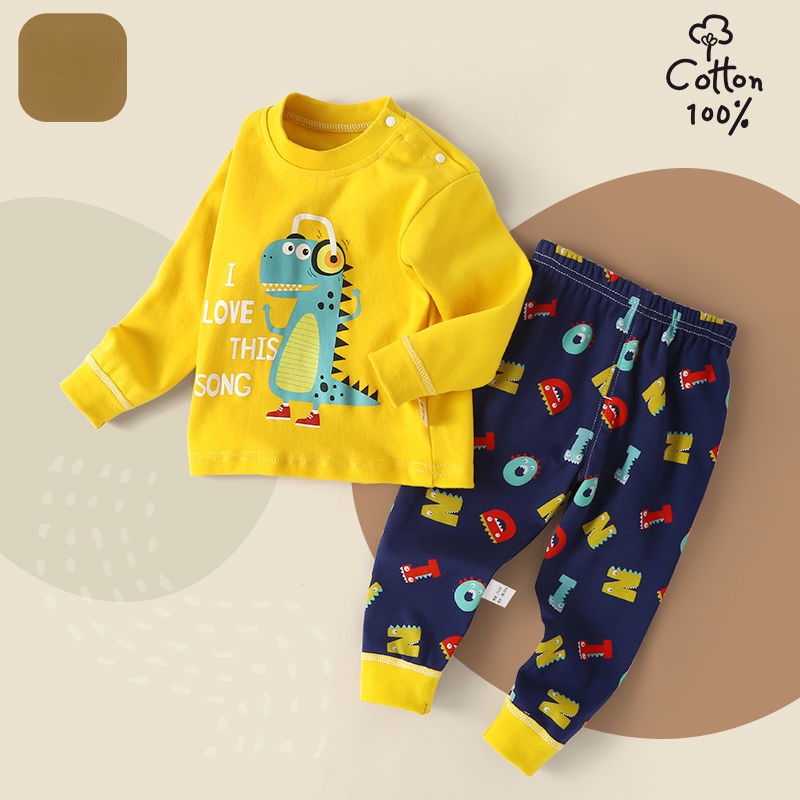 Bộ Đồ Ngủ Tay Dài Chất Liệu Cotton Giữ Ấm Thời Trang Xuân Thu Cho Bé
