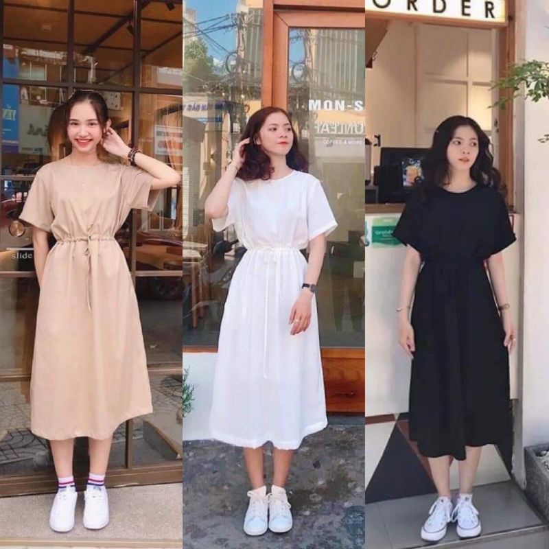 Đầm suông trơn thắt eo cổ tròn chất cotton dáng dài - Váy thun basic co dãn from rộng rút eo che bụng ba màu năng động