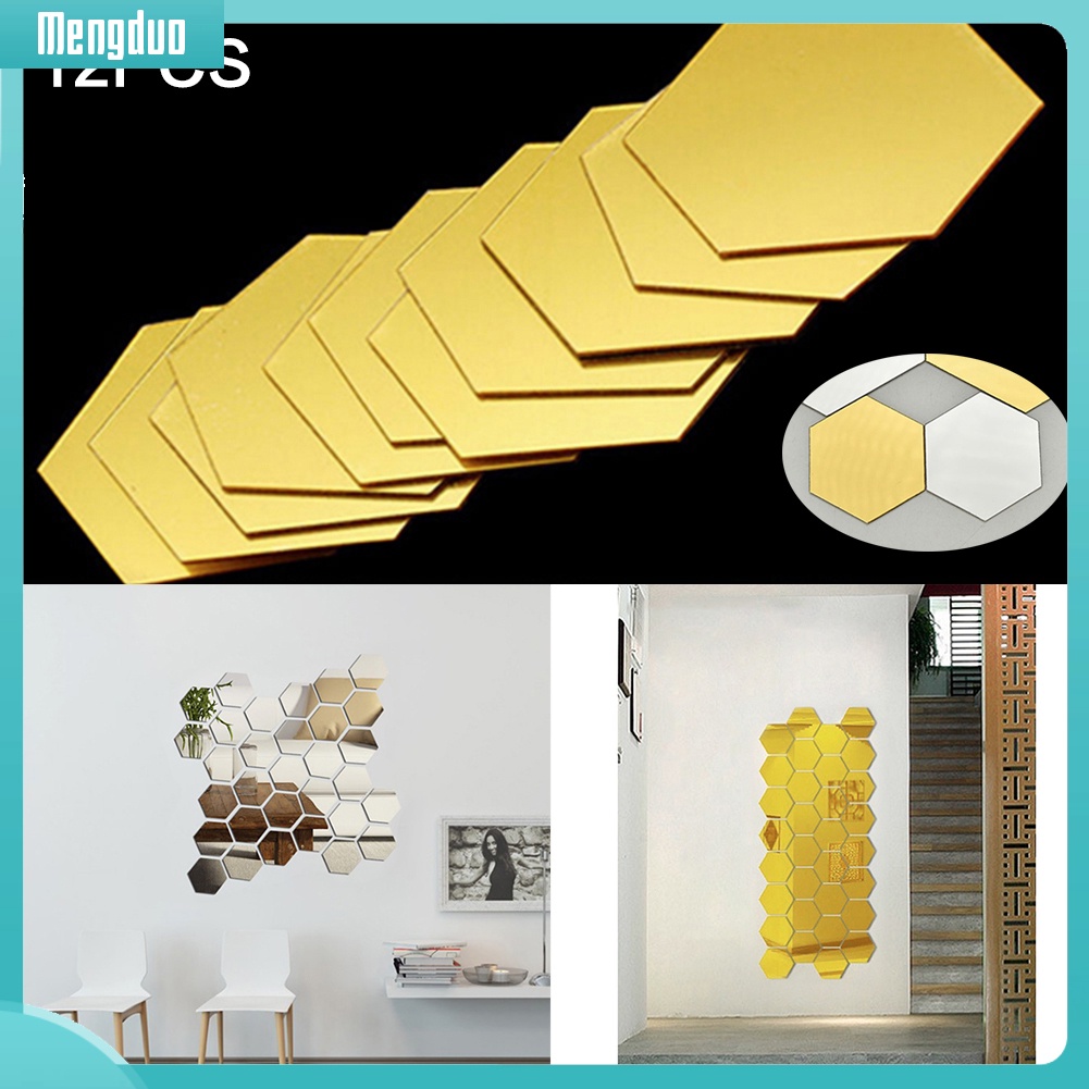 12 miếng sticker dán tường hình lục giác tráng gương tinh tế sang trọng