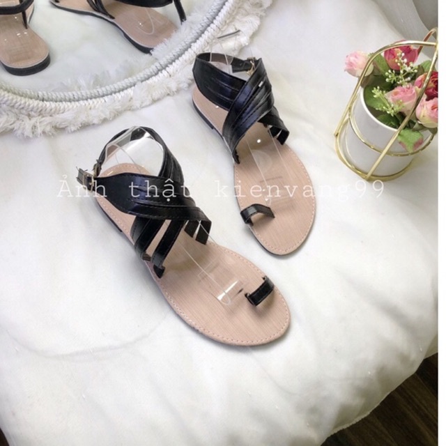 Sandal đế bệt xỏ ngón nữ nền vải quai da đế dẻo