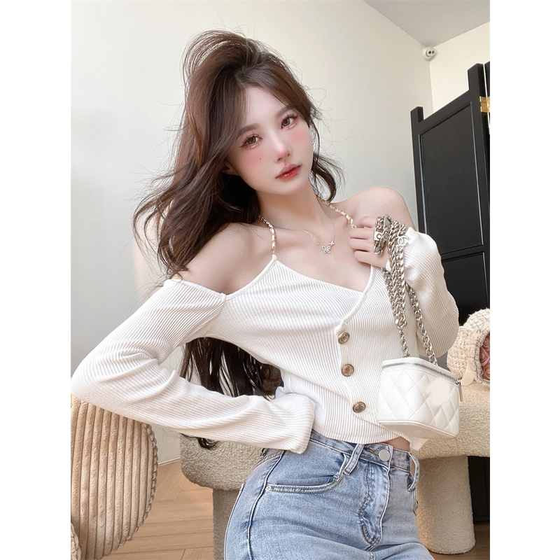 ZHELIHANGFEI Áo Len Tay Dài Cổ Yếm Lưng Cao Kiểu Dáng Sexy