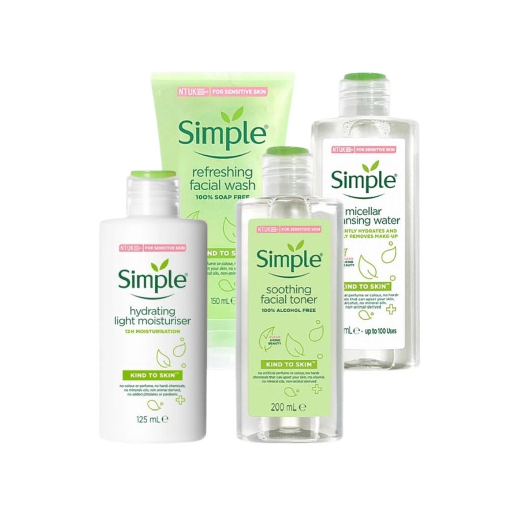 Combo Simple ( Sữa Rửa Mặt + Nước Tẩy Trang + Toner Nước Hoa Hồng + Kem Dưỡng Ẩm Da ) Tẩy Tế Bào Da Chết Dịu Nhẹ