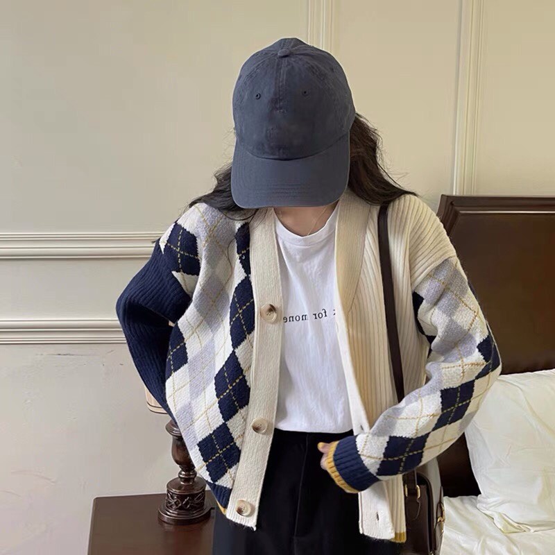Áo khoác cardigan 2 màu hoạ tiết kim cương phối viền cam - Miss girl