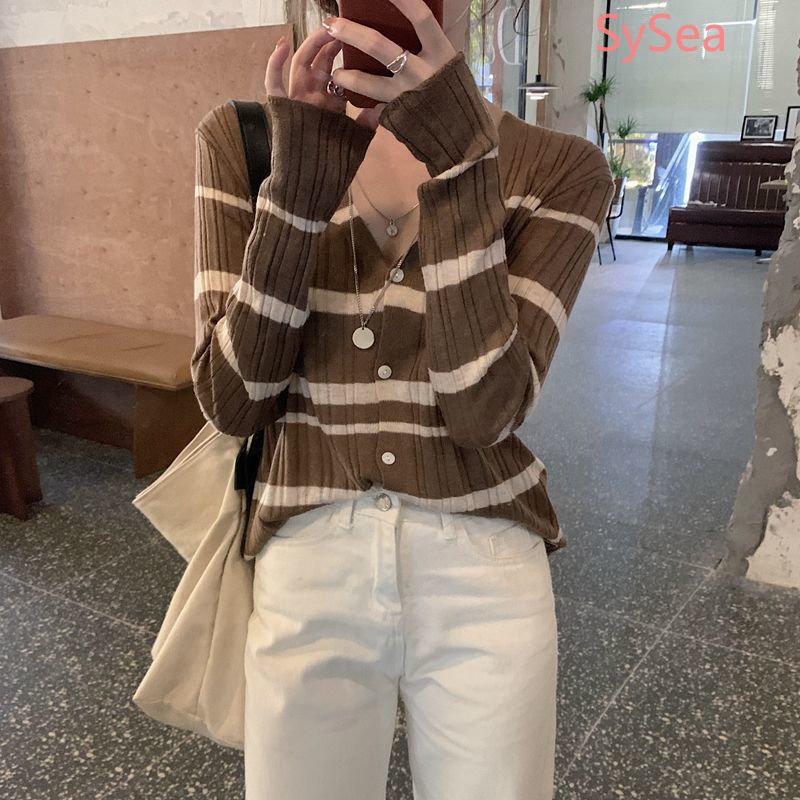 Áo khoác cardigan dệt kim tay dài họa tiết kẻ sọc thời trang mùa hè dành cho nữ