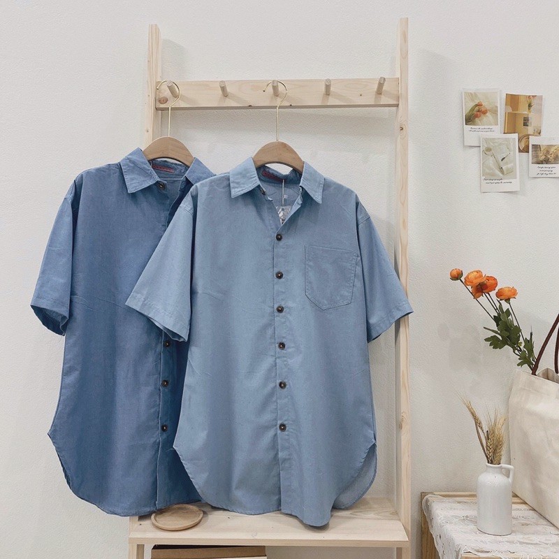 Áo sơmi giả denim tay ngắn vạt bầu