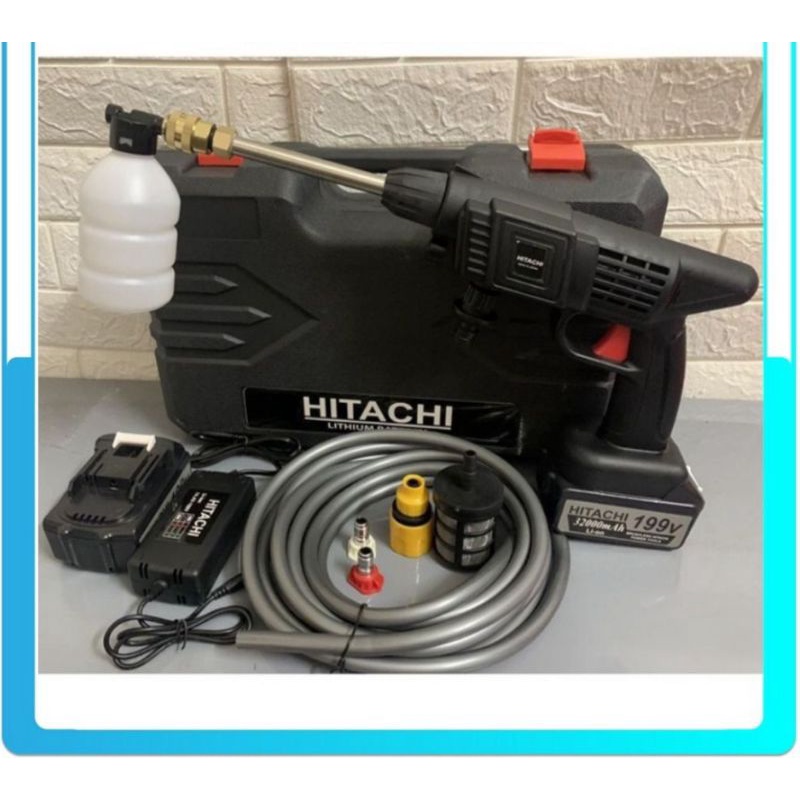 Máy HITACHI 199V xịt rửa xe máy ô tô cầm tay PIN SẠC CỰC MẠNH áp lực cao bọt tuyết dùng gia đình