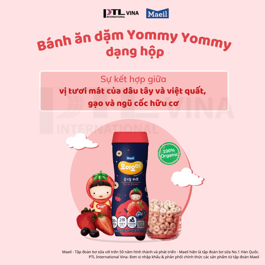 Bánh ăn dặm hữu cơ dạng hộp  Maeil Yommy Yommy Hàn Quốc Vị DâuTây mix Việt Quất dành cho bé 12M 42g