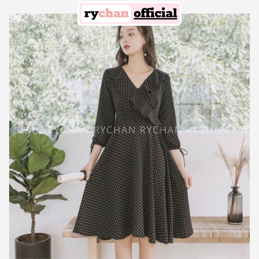 DX812 - Đầm Xòe Chấm Bi Đen Phối Bèo