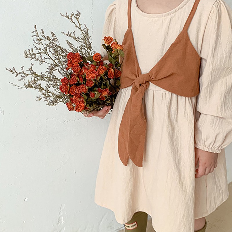 Đầm Công Chúa Tay Dài Giả Hai Lớp Bằng Cotton Và Vải Lanh Màu Sắc Tương Phản Phong Cách Hàn Quốc Dành Cho Bé Gái