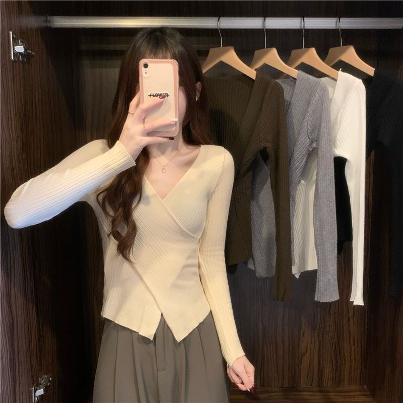 COZOK Áo sweater Tay Dài Cổ Chữ V Dáng Ôm Xẻ Tà Quyến Rũ Trẻ Trung