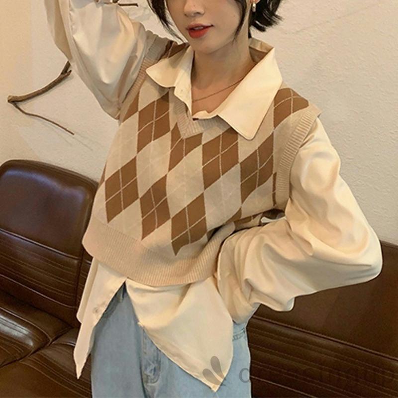 Áo croptop dệt kim sát nách cổ chữ V in họa tiết kim cương thời trang xuân đông cho nữ