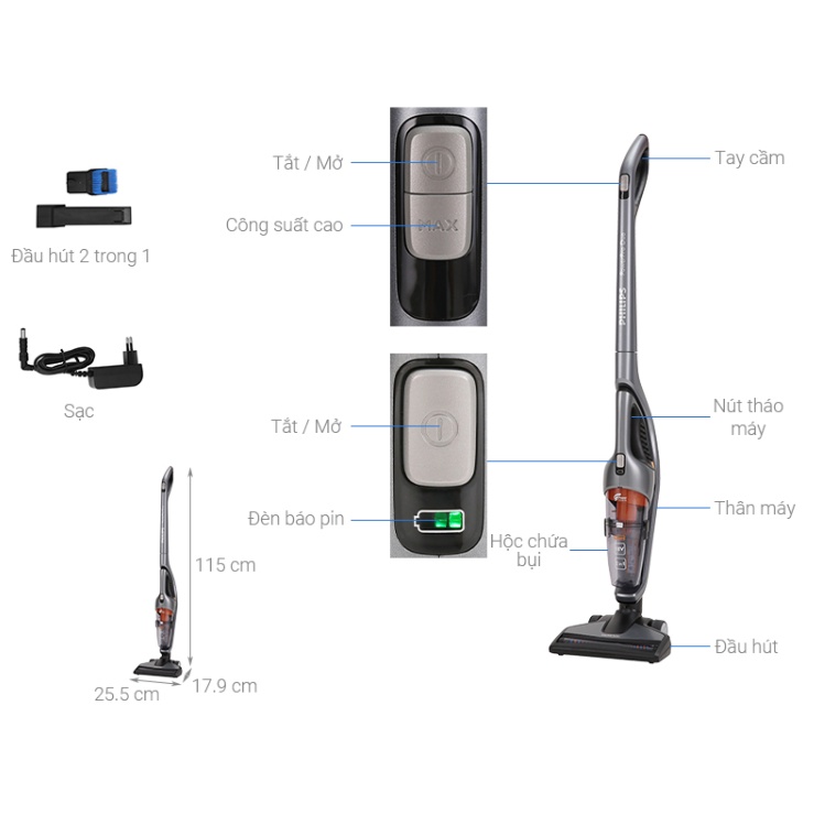 Máy hút bụi 2in1 Philips Eco FC6168/01 - Sử dụng linh hoạt, công nghệ hút mạnh, hiệu quả [Chính Hãng]