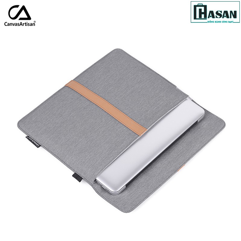 Túi chống sốc Laptop, Macbook Canvasartisan viền da kèm khe cắm bút và khe sạc cao cấp