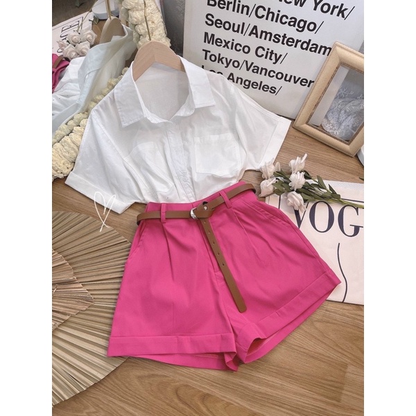 Set short hồng + áo sơ mi tay ngắn 2 túi ( kèm nịt)