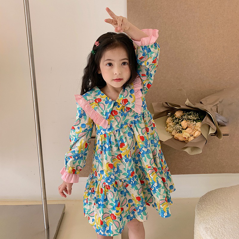 Đầm Tay Dài Cổ Bẻ In Hoa Dễ Thương Thời Trang Xuân Thu Phong Cách Hàn Quốc Cho Bé Gái