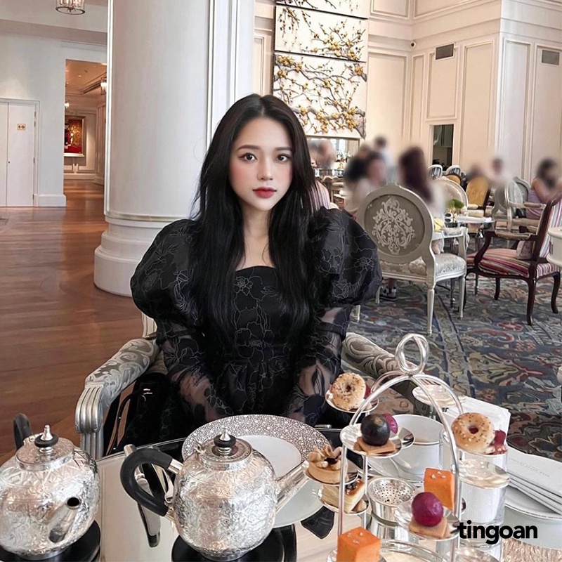 TINGOAN® - Váy vai bồng bóng kính vân hoa đen 3 lớp vải tingoan PRETTY IN ROSÉ DRESS/BL