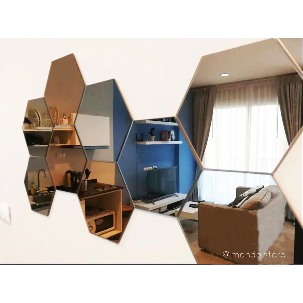 Miếng gương dán tường mẫu lục giác 3D đường kính 20cm ( 1 cái)