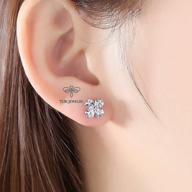Bông tai bạc nữ TLEE bốn lá đính đá sang trọng TleeJewelry B0123