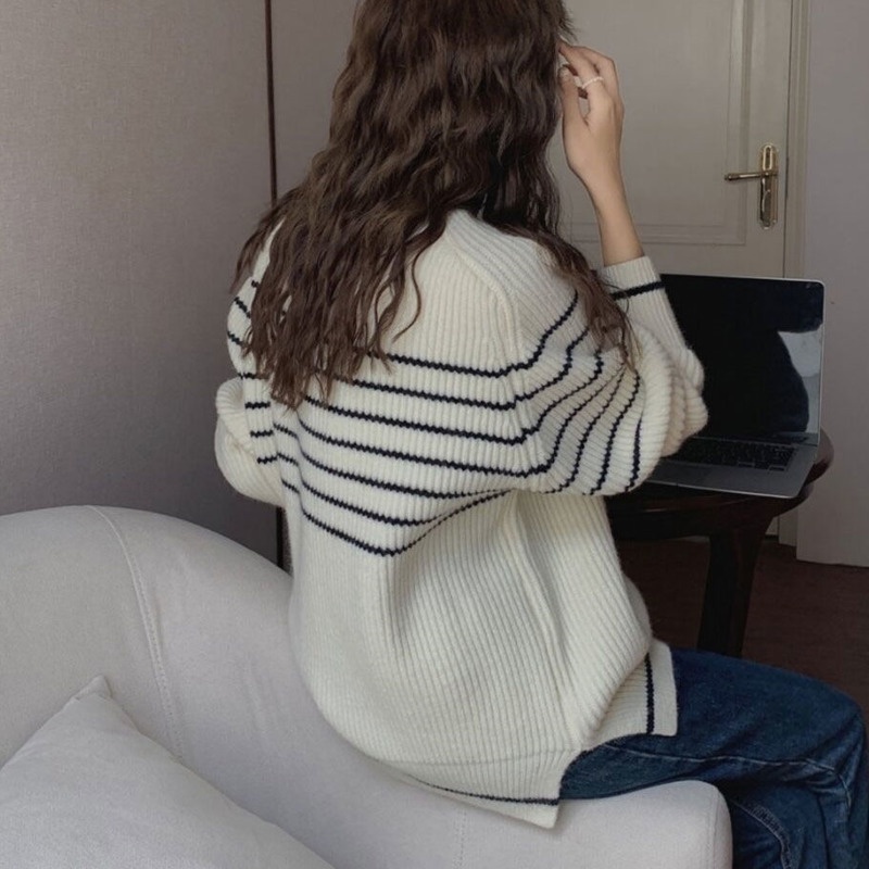 Áo Len Nữ Dài Tay Cổ Tròn Sọc Ngang Thời Trang Hàn