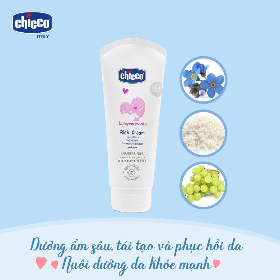 Kem dưỡng ẩm Omega &amp; Vitamin E CHICCO 100ml, kem dưỡng ẩm tinh chất thiên nhiên an toàn cho bé 0M+ - Monnie Kids