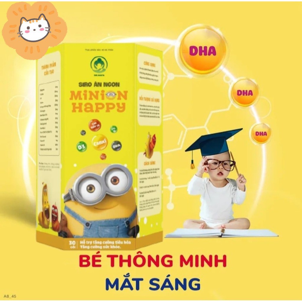 Siro ăn ngon Minion happy cho bé biếng ăn, tăng chiều cao, tăng đề kháng, tiêu hóa tốt, ngủ ngon (hộp/30 gói/10ml/gói)