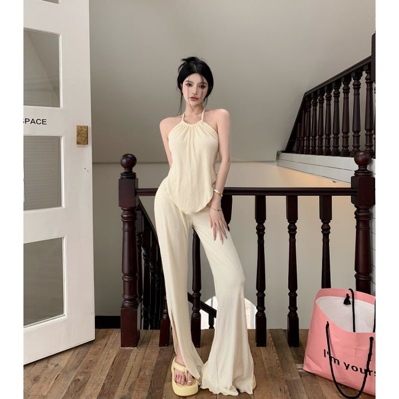 UIOWOO  Set Áo Hai Dây Phối Quần Dài Kiểu Retro Thời Trang Cho Bạn Gái