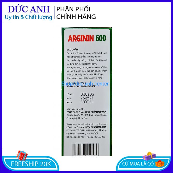 Viên uống Arginin 600 giúp tăng cường chức năng gan– Hộp 60 viên