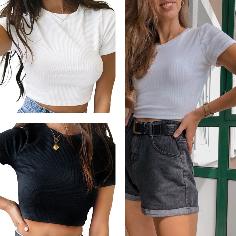 Áo Croptop Dệt Kim Tay Ngắn Màu Sắc Đơn Giản Cho Nữ