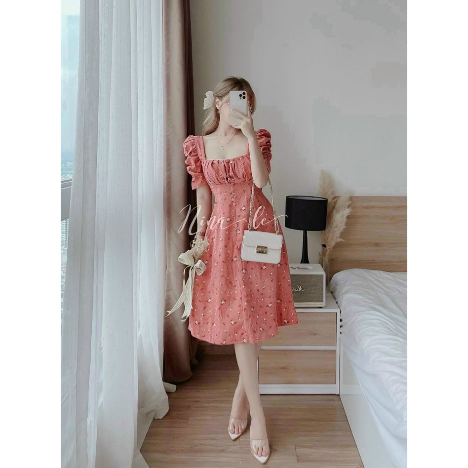 Đầm hoa vintage ngực xếp ly đính nút bọc dáng xoè xinh xắn