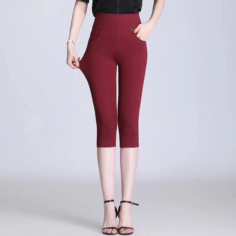 Cắt quần của phụ nữ mùa hè mỏng phần ngoài mặc quần legging cạp cao màu đen mẹ kéo dài quần mỏng màu trắng