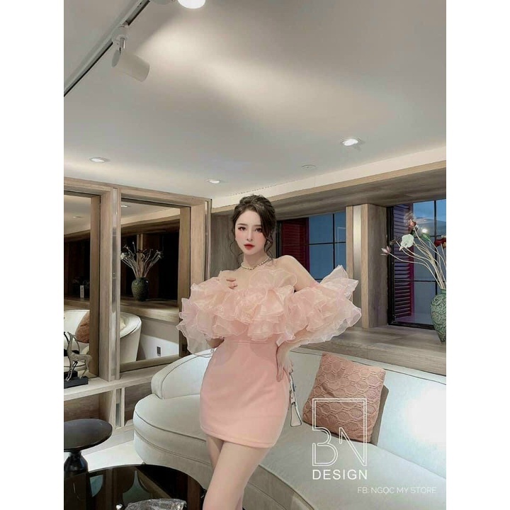 Đầm Body Trễ Vai Phối Bèo Voan Kiếng Có Mút Ngực Rose Fashion