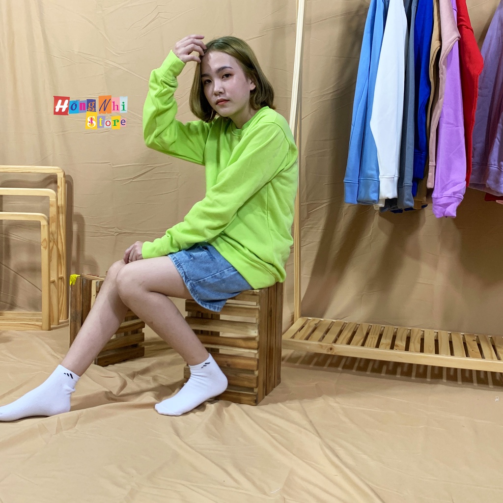 Áo Sweater Trơn Ulzzang Unisex Màu Xanh Dạ Quang Chất Nỉ Bông Cao Cấp Dáng Rộng Nam Nữ - MM