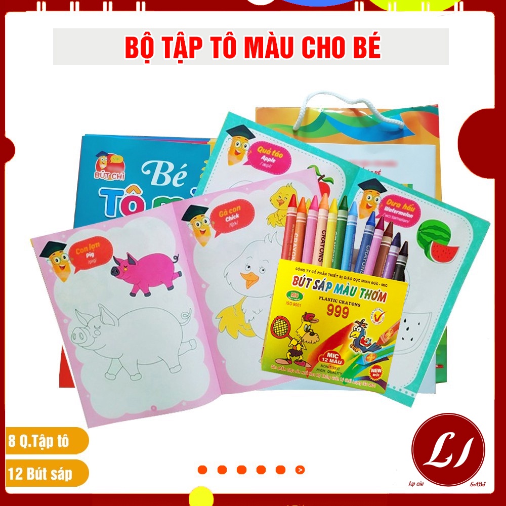 Combo Tập Tô Cho Bé 3-4 Tuổi Bộ 8 Tập Tô Và Hộp 12 Bút Sáp Màu - Mixasale