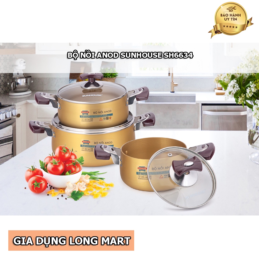 BỘ NỒI ANOD SUNHOUSE SH6634 CHẤT LIỆU NHÔM DÙNG BẾP GAS, BẾP HỒNG NGOẠI, HÀNG CHÍNH HÃNG, BH 12 THÁNG