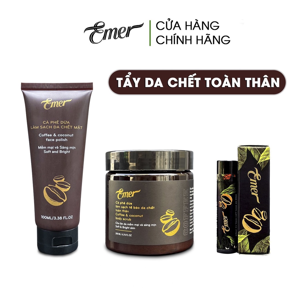 Combo tẩy tế bào chết body mặt môi cà phê dừa chiết xuất từ cafe Emer Garin sáng mịn đều màu