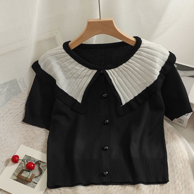 Áo Cardigan Dệt Kim Mỏng Tay Ngắn Cổ Búp Bê Màu Sắc Tương Phản Thời Trang Mùa Hè Cho Nữ