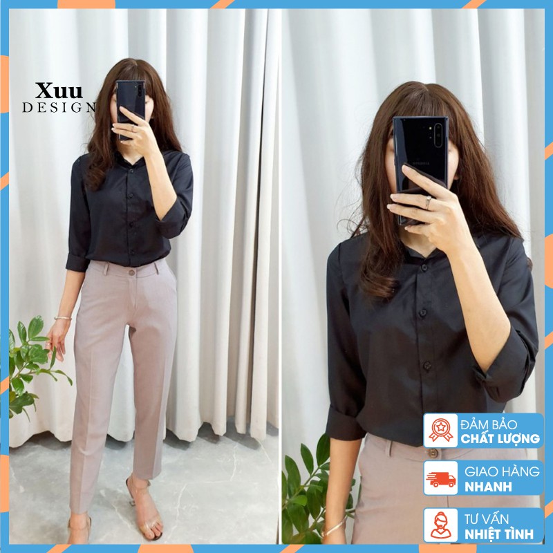 Áo Sơ Mi Nữ Đen Xuu Design, Áo sơ mi cơ bản dáng suông bassic dễ mix đồ đi học, công sở -SM04 Đen