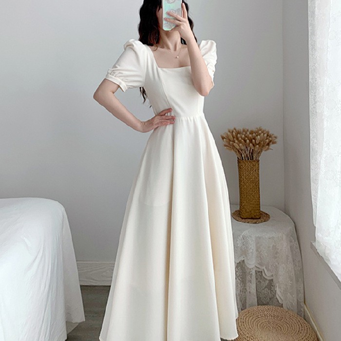 Đầm trắng dự tiệc cổ vuông vintage, Váy dài trắng ulzzang Hàn Quốc - Peyy Clothing