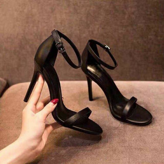 Giày Sandal cao gót 9p quai mảnh da lỳ 2 màu đen,kem hottrend